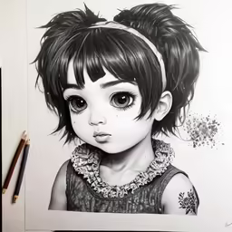 a drawing of an anime girl in a black and white photo