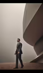 a man in suit and tie walking on the roof of a building