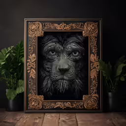 the photograph has a black and gold frame in front of a wooden table