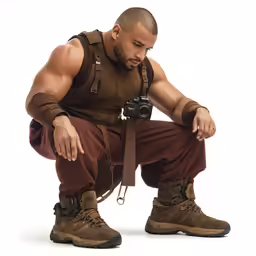 a man wearing brown pants kneeling with his camera