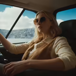 a woman wearing sunglasses driving in the back seat of a car
