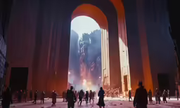 people walking through an old building with a giant doorway