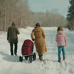 three people, one holding a stroller and the other carrying a child