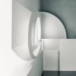 the interior of an art museum with an irregular, round window