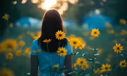 a woman is standing in a field of flowers
