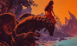 an image of woman on horse surrounded by monsters