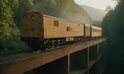a train on some tracks on the top of a bridge