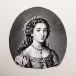 a woman in black and white, with a tiara on