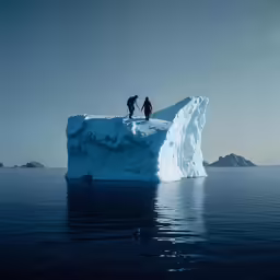 two men standing on an iceberg looking out at the sea