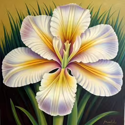 large white flower with bright yellow center is displayed in front of green grass,this is an art print of a big flower,a painting of a white flower with yellow centers,a painting of a big beautiful flower,a white flower in front of green grass