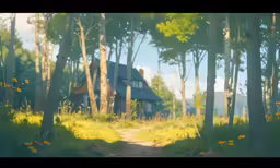 an image of an old house with grass and flowers on the ground