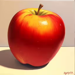 a painting of an apple on a white surface,an image of an apple painted with acrylic paint,an apple sitting on top of a table in the sunlight,painting of an apple in a small bowl,an apple with bright orange and red painted on it