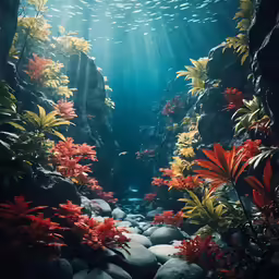 an underwater view of a rocky coral reef and seaweed