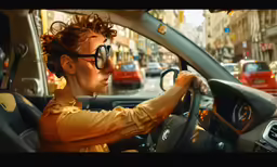 a woman driving in a car on a city street