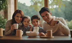 a family poses for a photograph while drinking coffee
