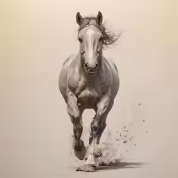 an artistic photograph of a white horse chasing a brown horse