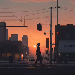 people walking down the street at sunset