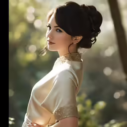 a woman in a dress stands near some trees