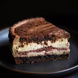 chocolate cake with cream filling, is on black plate