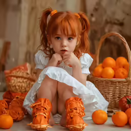 a girl in a white dress sitting on the floor with oranges