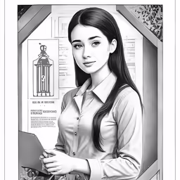 a woman in dress clothes and glasses is shown with an illustration