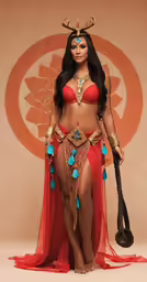 a woman with a sword, a hat, and a skirt is standing in front of a round