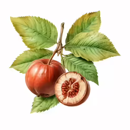 a branch with leaves and a half eaten cherry
