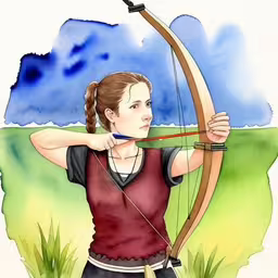 a drawing of a girl with an arrow in her hand,a painting of a woman with a bow and arrow