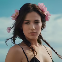 an attractive young woman with braids and pink flowers in her hair