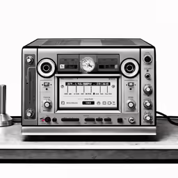 an old style radio next to a metal thing