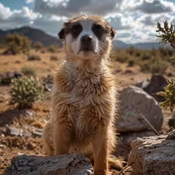 a dog in the desert staring into camera