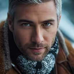 a man in winter clothing looks into the camera