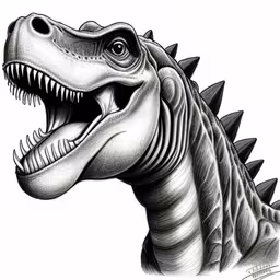 a drawing of a large alligator with its mouth open,a black and white drawing of a tyransaurus,the dinosaur is showing its teeth with an aggressive look,an image of a dinosaur with sharp teeth,a drawing of a dinosaur