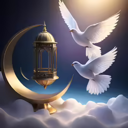 two white birds flying next to an ornate lantern