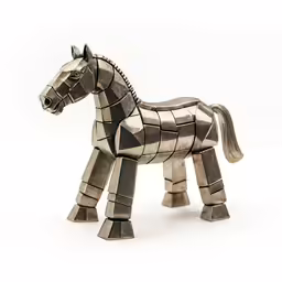 a metal toy horse with geometric patterns