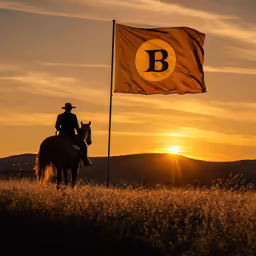 the cowboy is riding a horse next to a flag
