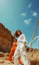 two woman walking in the desert wearing white outfits