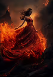 a woman is walking on fire with her dress in flames,the beautiful girl in a red gown is standing near a blazing background