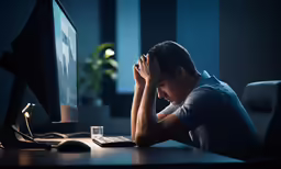 man in dark room at computer with one hand on head