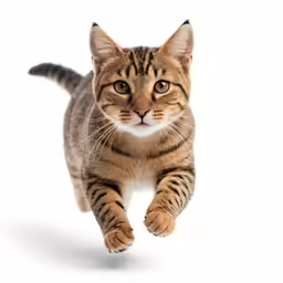 a tabby cat running, white background