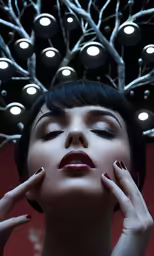 a woman with dark lipstick and red lips holding her face up to the camera
