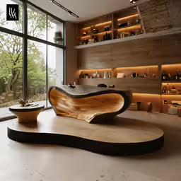 a large wooden table sitting next to a window