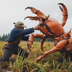 a giant animal with two horns on its back being pushed in the ground by two men