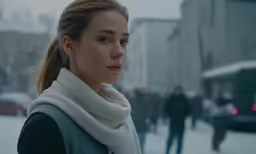 a woman wearing a scarf is walking in the snow