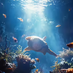 sea turtle in an aquarium looking for food