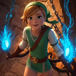 a cartoon character holding two glowing torches and a chain