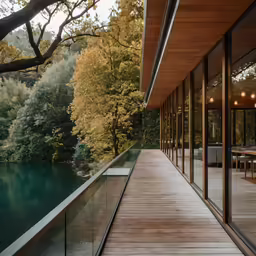 a wooden deck overlooking a body of water and lots of trees