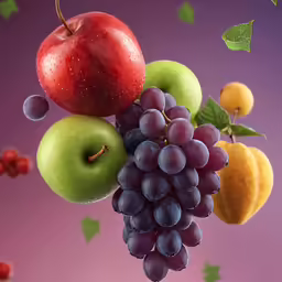 some fruits are flying through the air with their stems