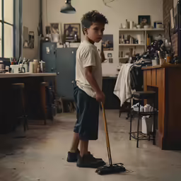 boy with a broom and a tool in his hand