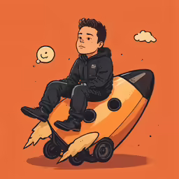 a man sitting on top of a rocket on a cloud filled orange background